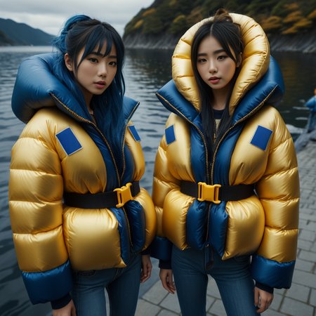 dark cinematic still with dark vibes, full body shot of life jacket  japanese girls  wearing an blue and gold  extra_puffy_jacket,  unique hair styles,   looking at the camera, shallow depth of field, 8k uhd, dslr, soft lighting, high quality, photorealistic, realism, hyperrealism,
, festival scene 
 <lora:Puffer_Jacket_and_Down_Jacket_-_Extra_Puffy_Jackets:0.5>