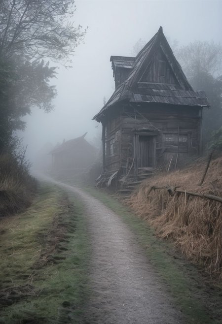 Old road to abandoned village in foggy at sunrise, frontground: an old rusty sword sticks out of the road,  style by Lovecraft, meticulous, intricate, entangled, intricately detailed