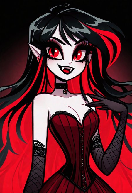 (masterpiece, best quality, good quality, very aesthetic, absurdres, newest:1.2),    1girl, solo, eyelashes, (beautiful eyes),   1girl, solo, long hair, red hair, multicolored hair, black and red hair, looking at viewer, bangs, smile, fangs, open mouth, red eyes, pale skin, makeup, black lips, earrings, jewelry, choker, black gloves, elbow gloves, red dress, gothic,   ,      <lora:VampieNAI:1.0>,