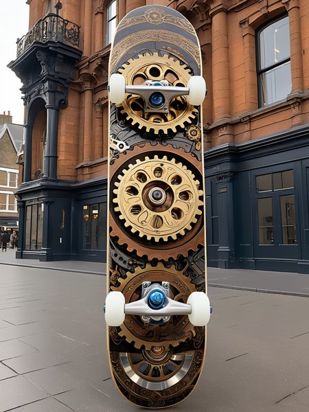 EdobSkate,skateboard with intricate steampunk gears and machinery design, placed in a Victorian-era cityscape with steam-powered machinery <lora:EdobSkate_XL_v1.0:0.8>, best quality, uhd, 8k, detailed