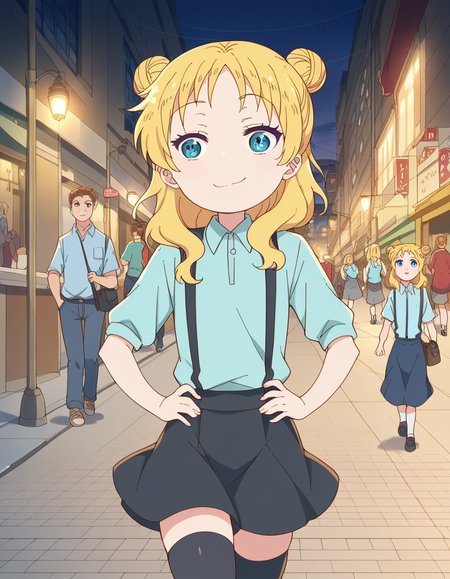 score_9, score_8_up, score_7_up, source_anime, <lora:dragon-chloe-s2-ponyxl-lora-nochekaiser:1>, chloe, blue eyes, blonde hair, hair bun, double bun, child, female child,, skirt, shirt, thighhighs, collared shirt, suspenders, blue shirt,, city street, evening, streetlights, walking dog, quiet neighborhood, gentle breeze, , , smug, hands on hips,, solo,, dutch angle,