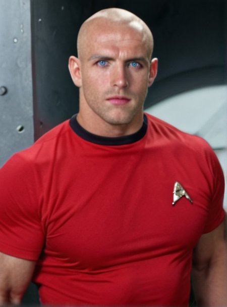 1boy, 20 year old male, Handsome, masculine, blonde, star trek, red shirt, muscle,  tall, tight shirt, wide pectorals, big shoulders, wide shoulders, muscular neck, German, bald, big pale blue eyes,

stunf, star trek uniform,