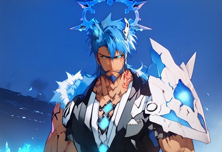 Cast_Q, Casual_Q _Jacket, Casual_Q male, blue short wild hair, goatee, serious, muscular, anime, cyberpunk, blue mechanical eyes, Bara(may be needed), ((cowboy shot)), strong facial features, scruffy beard, blue hair, short wild hair, bleach_tybw_style, glowing crown:0.7, ({blue} light):1.6, full body, score_9, score_8_up, score_7_up, score_6_up, concept art score_9,score_8_up,score_7_up,score_6_up,((hollowfication)),blue theme,