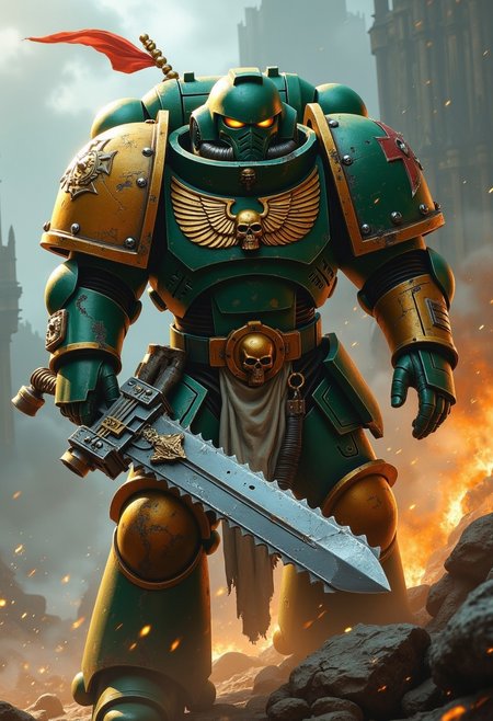Warhammer 40k space marine wielding a chainsaw sword