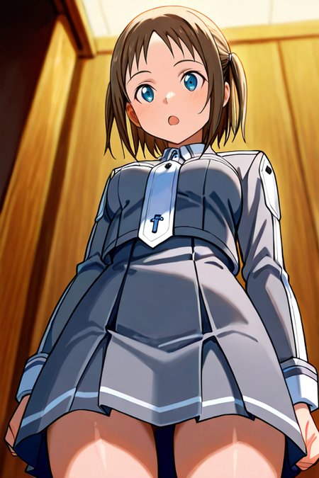 masterpiece, High quality, Ultra detailed, 2d, newest, absurdres, highres, BREAK
1girl, solo, <lora:ronye_arabel:0.8>, ronye_arabel_(sword_art_online), short hair, brown hair, two side up, blue eyes, 
medium breasts, ronyeDef, long sleeves, school uniform, grey jacket, necktie, grey skirt, pleated skirt, 
from below, surprised,