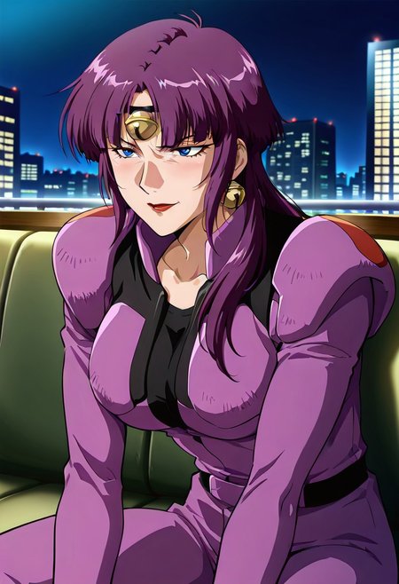 ((masterpiece, absurdres)), best quality, amazing quality, newest, 4k, anime coloring, very aesthetic, ray tracing, Smooth Quality, CG, source_anime,street view,city,night, moonlight,Fuala, 1 mature female,blue eyes, long hair, purple hair, red lips, bell headband, bell earrings, purple pilotsuit,black t-shirt,waist accessory,sitting