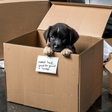 sad puppy in box with a sign saying "Need buz for good home"