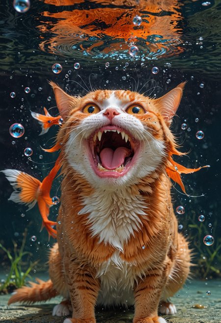 cat, making goofy faces under water, lie the wind is blowing in her open mouth bubbles wide. an annoyed goldfish swims by
 <lora:EpicF4nta5yXL:0.8>