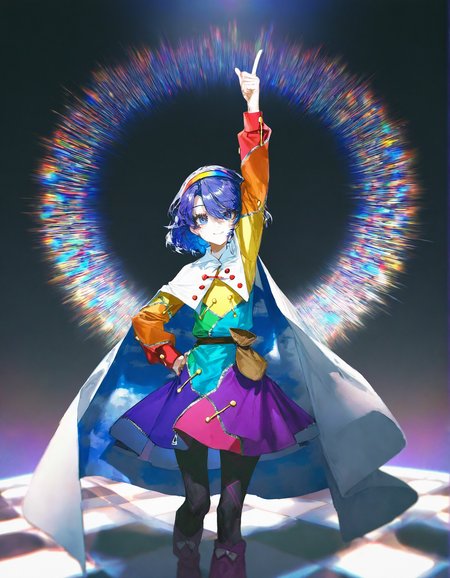 tenkyuu_chimata, 1girl ,rella, quasarcake:0.7, rolua, optical illusion, negative space, saturday_night_fever,blue_hair, breasts, cape, hairband , looking_at_viewer ,multicolored_hairband, pantyhose, purple_eyes ,short_hair ,smile, solo, sweat ,white_cape, disc,  disco,CDs, arm_up , index_finger_raised, outstretched_arm , dance_floor, dancing,wide shot, one hand point to sky one hand point to the ground,hand_on_own_hip,
<lora:illustrious_noobai_epsilon_pred_1_best_quality_v1:0.7> ,<lora:illustrious_noobai_epsilon_pred_1_masterpieces_v1:0.7>, <lora:ponyv4_noob1_2_adamW:0.5>, <lora:add_details_xl:0.7>, <lora:CDs_SDXL:1>,
masterpiece, best quality, amazing quality, very aesthetic, absurdres, newest,