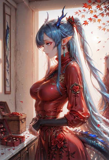 masterpiece, best quality, amazing quality, very aesthetic, absurdres, newest, (scenery, volumetric lighting),depth of field, 1girl,solo,sfw,((side view:1.1),(from the side:1.1),,Cowboy Shot) , eyeliner,ling \(arknights\), arknights, 1girl, pointy ears, dragon horns, dragon tail, blue eyes, blue hair, very long hair, streaked hair, long hair, earrings,, 1girl,  "/:x", long sleeve, turtleneck, rose dress, red dress,, flower, roses, hearts, cherry blossom petals,box of chocolates,medium breasts, medium and teardrop shaped breasts,(covered breasts:1.3),curvy,skindentation,kamina_pose, romantic, in love, Autumn leaves, maple leaves, fluttering, wind fantastic mackerel sky golden hour,crack_of_light, snow,solo focus, unsr,,(shiny skin:0.7),(sakimichan:0.8,wlop:0.5),masterpiece, best quality, amazing quality, very aesthetic, absurdres, newest, (scenery, volumetric lighting),depth of field,gobo lighting,kutsusita23,  <lora:memento mori:0.6> <lora:MoriiMee_Gothic_Niji_Style_Illustrious_r1:0.8> artist:moriimee <lora:ral-vltne:1> ral-vltne <lora:TQ_-_Rustic_Wooden_Valentines_Day_Backdrops:1>  <lora:GOBOLightingILL:1> gobo lighting, shadows