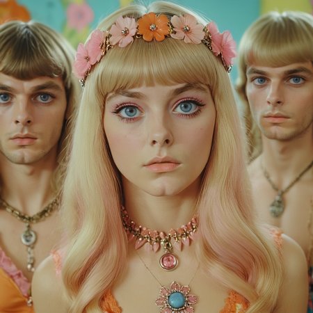 <lora:60s_Psychedelic_MovieSDXL:1> ArsMovieStill, movie still from a 60s psychedelic movie, The image is a close-up portrait of a young woman with long blonde hair and blue eyes. She is wearing a pink dress with a statement necklace that has multiple pendants and charms. Her hair is styled in two pink flower crowns on top of her head. She has a serious expression on her face and is looking directly at the camera. In the background there are two other young women one with blonde hair who are also wearing orange dresses. The background is blurred but it appears to be a colorful and vibrant room with a floral wallpaper., blonde hair, jewelry, blurry, long hair, multiple girls, necklace, flower, lips, hair ornament, bangs