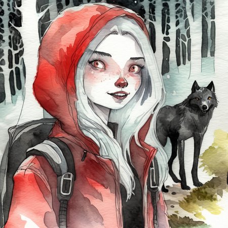 drawix3 close-up of a girl in a red coat, a forest path in the background, a forest and a wolf, watercolor in black ink, very detailed <lora:drawix3:0.9>
