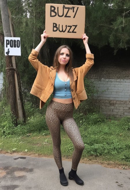 sexy poor girl with cardboard sign asking for buzz, showing cleavage, sexy leggings that are ratty, ratty clothes