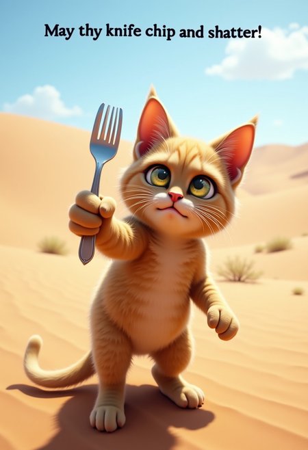 a cat holding a fork and pointing it towards the viewer,  background has a sunny weather in desert, dune, cat is looking furious, aidmatextimprover, a text above the head of cat "May thy knife chip and shatter!"