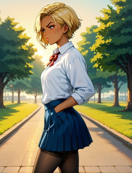 score_9, score_8_up, score_7_up, solo, from side, 
1girl, gyaru, kogal, neck ribbon, miniskirt, dark skin, tomboy, pleated skirt, black legwear, leggings, blonde, pout, pouty lips, white leg warmers, narrowed eyes, walking, slouching,
evening, sunset, park, hands in pockets,
d3t41l3d, halfone effect, retro artstyle, gh1bl1,
<lora:d3t41l3dXLP:0.6>, <lora:gh1bl1XLP:0.8>