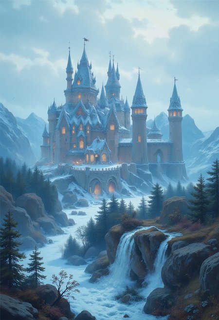 A grand city, magnificent towers, high-quality backdrop, birds eye view, a sprawling futuristic castle inspired by 1980s themes, synthpunk, vaporwave, neon, perfection style, ultra realistic, hyper realistic, photo-realistic, photo, snowing, blizzard, winter, a cold winter storm stirring the snow in the air around the sky,