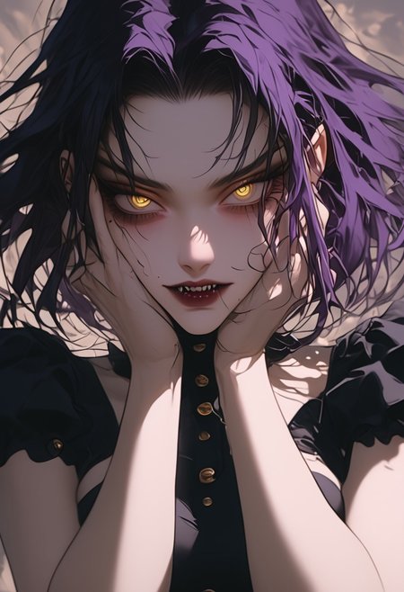 <lora:Autumn Dark Academia Ponyv1.2:1>,4utumnD4rk4cademia,  (masterpiece, soft lines), hair between eyes, young lady, medium breasts, black hair, purple inner colored hair, slicked back hair, yellow eyes, slanted eyes, mole under eye, sharp teeth maid outfit