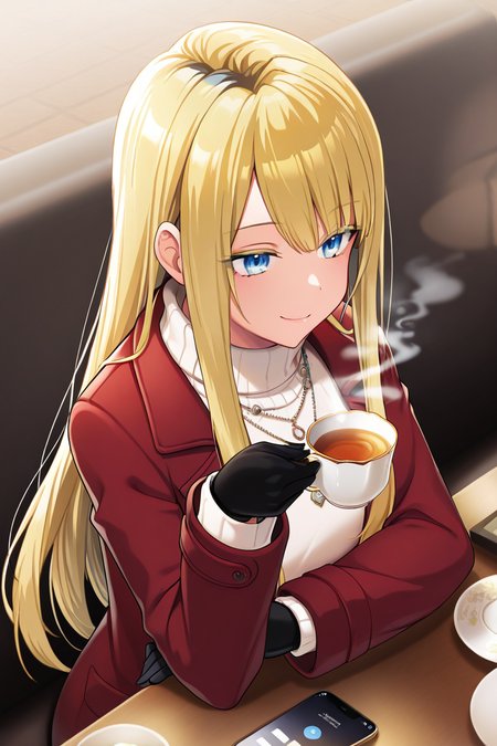 masterpiece, best quality, amazing quality,
 <lora:Neo_IL:1> neo, 1girl, long hair, cup, solo, blonde hair, gloves, sweater, smile, black gloves, necklace, jewelry, turtleneck sweater, red coat, blue eyes, table, turtleneck, holding, sitting, steam, teacup, phone, bangs, holding cup, white sweater, jacket, casual
