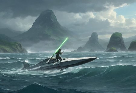 star-wars style spaceship, a (solo:1.5) black white lizard in (star wars armor)  katana sword on belt  (cockpit instruments view:1.5)  (ocean:0.5) (waves:0.5), in the middle of sea, 
dawn, heavy rain, wind, windy, typhoon, hurricane, tropical storm, fog, mountain, sky, cloud, deluge, rainforest, 
scenic background, epic landscape, scenery artwork, beautiful concept art, cinematic, (anime:1.5) , anime screencap in mnst artstyle, (soft focus),full body character portrait landscape, <lora:AddDetail:1.6>,