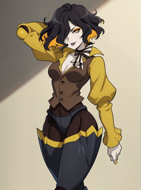 score_9, score_8_up, score_7_up, score_6_up, score_5_up, score_4_up source_anime, anime screencap, <lora:leiurdarahim:0.8>leiurdarahim, 1girl, solo, multicolored hair, black lips, hair over one eye, black hair, makeup, two-tone hair, short hair, yellow eyes, joints, lipstick, doll joints,thick thighs, thick arms, smirk, upper body,