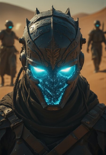 A hyper-detailed, faded close-up of the eye area of a radiant armored Elysium Scout soldier tactical high collar Jacket in the midst of an epic desert battle. His helmet is intricately adorned with sharp ridges and glowing blueish slits for eyes, appearing like burning fractures in the metal. The focus is razor-sharp on the glowing eyes, while the rest fades into a blend of light refractions and soft blur effects. Dust particles swirl through the air, caught in the blinding desert light.