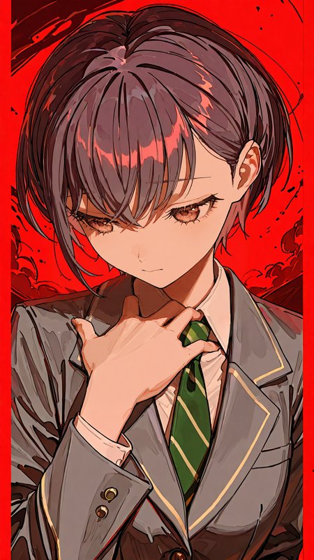 1girl, takamatsu tomori,haneoka school uniform, grey jacket, blazer, long sleeves, green necktie, diagonal-striped necktie,<lora:takamatsu_tomori_IlluXL:0.7>, red background,red border,letterboxed,red sky,red theme,pillarboxed,solo,tanding,masterpiece,best quality,<lora:illustrious_noobai_epsilon_pred_1_masterpieces_v1:1>,<lora:illustrious_noobai_epsilon_pred_1_best_quality_v1:1>, <lora:ç¦è¶_XL:0.8>,face focus, detailed eyes, hand on chest,