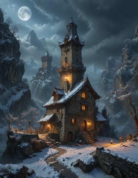 detailed scene, tall ancient stone tower rising majestically amidst a snowy mountainous landscape, the tower is illuminated by a full moon, casting a glow on its weathered stone and snow-covered roof, Surrounding the tower rugged mountains loom in the background, their peaks shrouded in mist and bathed in moonlight. A small quaint cottage with glowing windows nestles beside the tower, smoke curling from its chimney, Bats flutter around the tower, haunting atmosphere, twisted trees and a snow-covered path led to the entrance of the tower, mysterious, wintry world, <lora:MJ52:0.3>, <lora:SDXLFaeTastic2400:0.3>, <lora:detailed_notrigger:0.7>, <lora:add-detail-xl:1>, <lora:xl_more_art-full_v1:0.5>, <lora:Into_Darkness:0.3>