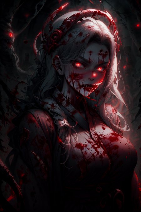 haunting spirit mistress, long white hair flowing, glowing red eyes, ethereal robe, surrounded by ghostly apparitions, dark eerie background, highly detailed kimono, intricate patterns, supernatural atmosphere, cinematic lighting, high detail, ultra high-definition, photorealistic, extremely detailed, masterpiece, volumetric lighting, haunting mood, dark fantasy, dynamic composition
 <lora:add_detail:0.5>,   <lora:breastsizeslideroffset:0.5>  <lora:backlight_slider_v10:-1> <lora:G_G2.0:1> Goth girl, Goth girl 1girl <lora:CarnageStyle:1> CarnageStyle, (blood_red:1.5)