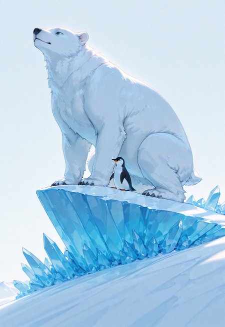 masterpiece, best quality, very aesthetic, absurdres, ambient light, soft light, artist:moriimee, incoth, (incase:0.6), SagawaStyle,
high brightness, a penguin riding on a giant polar bear, ice berg, white and blue background, cute Atmosphere, high detail, sharp shading, 
high detail, sharp shading, centered composition, soft shadows