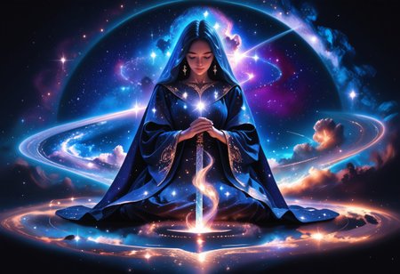high quality, score_9, score_8_up, source_7_up, very aesthetic, high resolution, newest, depth of field, volumetric lighting, (masterpiece, best quality, ultra-detailed, High detailed), beautiful face,  absurdres, masterpiece, best quality, amazing quality, masterpiece,best quality,amazing quality, 8k, 
BREAK 
girl, scyfi, galaxy, levitating, stardust, ethereal, 
dark mage robe, flowing robes, glowing runes around person, book, hands around magic black hole, (black hole in hands), meditating position,
dark nebula, spectral, stars, galaxies, surreal, detailed, rich_color_palette, light_and_dark, cosmic, mystical, magical, enchanting, infinite, vast, celestial, otherworldly, fantastical, 
full body, 
dark background, night sky,
arcane, eerie, atmospheric, foreboding, dreamlike, void, space, nebula, stellar, galactic, astral, ethereal, cosmic, otherworldly, fantastical, galaxy
