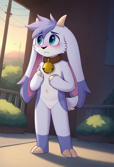 score_9, score_8_up, score_7_up, (by shinodage), outdoor, sexy, sweat, dutch angle, looking aside, high quality, hires, solo, anthro, furry, detailed background, detailed eyes, emotional, easynegative, Split Lighting style,
billie_bbu, furry goat, horns, bell, blush, male focus, body fur, animal ears, 1boy, collar, blue eyes, neck bell, two-tone fur, tail, hooves, white fur
