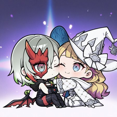 2girls,transparent background,smile,chibi,hug,full body,closed mouth,sitting,standing,black dress,black hood,black thigh boots,diabellstar the black witch,diabellze the original sinkeeper,green earrings,red pantyhose,single black detached sleeve,single black glove,single black wing,white bodysuit,white coat,white thigh boots,white witch hat,hood down,
masterpiece,best quality,amazing quality,very aesthetic,absurdres,newest,<lora:diabellstar the black witch and original sinkeeper illuXL v1.2:0.8>,