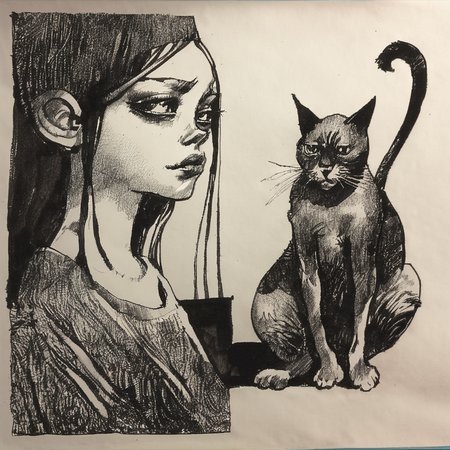 drawix20 girl and cat, very detailed, black ink <lora:drawix20:1>