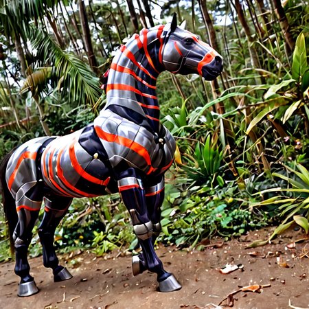 Alien horse hybrid with bioluminescent markings in a dense jungle of metallic trees"
Picture a sleek, otherworldly creature blending elements of horse and alien physiology, glowing in the dark while surrounded by towering, metallic flora.