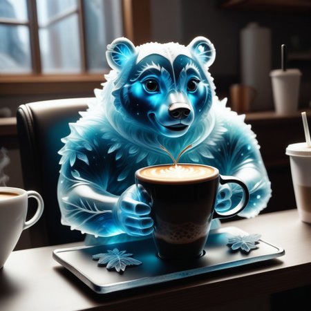 score_9, score_8_up, score_7_up, score_6_up, score_5_up, score_4_up, a little polar bear made out of Jed-Blmicry sitting inside on chair made out of Jed-Blmicry, holding a cup of coffee, smiling   , bioluminiscence,  <lora:BioIceCrystalsPONY-000004:1>