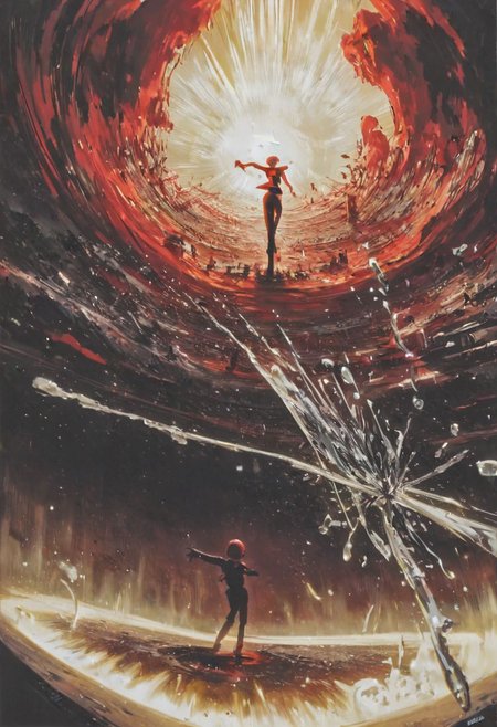 amazing quality, masterpiece, best quality, hyper detailed, ultra detailed, perfect anatomy, woman dancing in the black hole, splashing, ripples, on black canvas in the style of guillem h, pongiluppi, abigail larson, ominous landscapes, john sloane, black, light gray and red, energy-filled illustrations