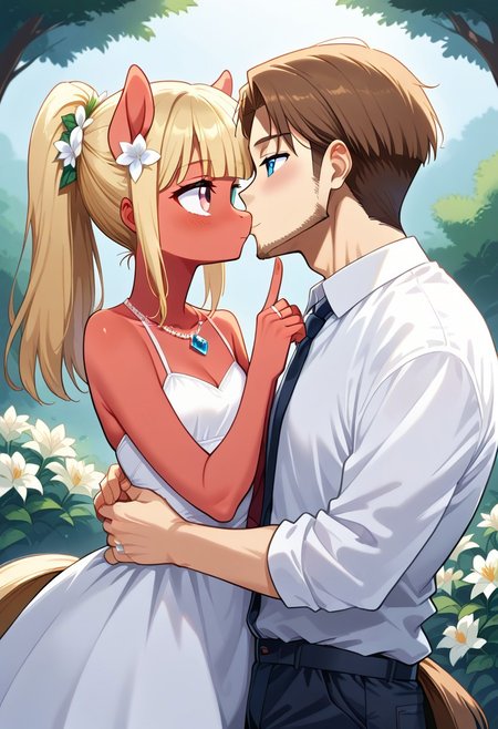 score_9, highres, 1boy, 1girl, r0ug3 marrying 43r0n,
BREAK
1girl, r0ug3, red skin, blonde hair, pink eyes, pony, source_pony,
BREAK
1boy, 43r0n, white skin, brown hair, blue eyes, human, 
BREAK
wedding dress, black wedding suit, happy, kissing, golden ring, ring finger, ring on finger, outside, cliff edge, wedding scene, flower arch, ntm,