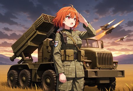 masterpiece, best quality, Graphic Design, color art, vibrant colors, intricate details, high contrast, detailed background, beautiful detailed, beautiful face, detailed eyes, detailed face, new, newest, 1girl, solo, military uniform, looking away, serious face, salute, cowboy shot, holding walkie-talkie in one hand, open mouth, ur4l, truck, military vehicle, car, missile pod, outdoors, battlefield, sunset, evenig, cloudy, 