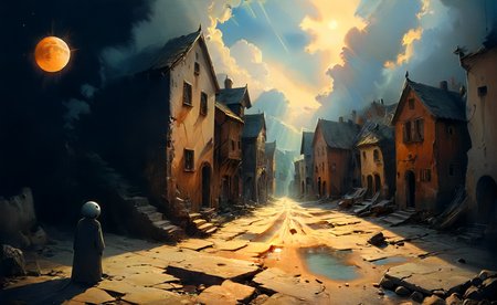 studio ghibli, infuriating puzzle,  darkest small necropolis night of the envy sitting hiding tiny dead wast (landscape:1.1), moon, eclipse, fog, BREAK lovely day of the happy living thriving busy (village:1.1) city, sun, god-rays, highly detailed, landscape, panorama, wide-angle, moody, atmospheric, masterpiece, high resolution, hdr, 8k, composition, shadows, clouds, (complex:1.2), (intricate:1.1),  <lora:- SDXL - vanta-black_contrast_V3.0:0.7>, <lora:- SDXL - otclillsn_impossible_geo_V1.0:0.7>, <lora:dfantasy:0.8>, <lora:The_Simplest:0.8>, <lora:DonMP41n717Bl4ckXL:0.4>, <lora:SDXL - Style - EldritchRomanceIllustration1.3.1:0.4>, <lora:artfullyECHELIER_SDXL_V1:0.4>