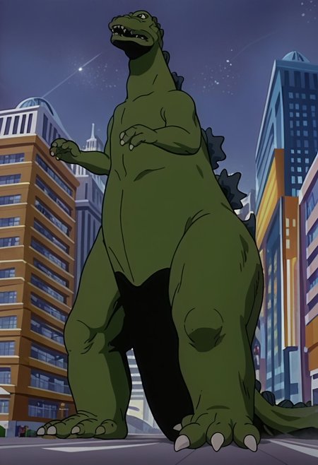 score_9_up, score_8_up, score_7_up, source_anime, anime screencap, retro anime style, low angle, from below, monster focus, BREAK, (godzilla_1954) godzilla78, feral, male, godzilla, green skin, solo, flat color, outdoors, cityscape, night, gigantic monster, model_buildings, model_kit_(medium), diorama model city, plastic dark buildings, forced perspective, blurry background, building, looking up, Original video animation style