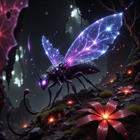 award-winning macro photo, short depth of field, hyper realistic, dim lighting, at night, bioluminescence, subsurface scattering, the flickering "gleaming floobwillo" is a tiny darting insectoid, thriving in the crimson-hued crimblewilds of the humid world "thunderturf ii." its flibberwhirring wings are tipped with glowing nodes that flash in rhythmic patterns, creating intricate lumiglyphs to communicate with its swarm. the creature's habitat is a chaotic labyrinth of tangled, knorpled branches and flaring orbiflowers that release puffs of phosphorescent pollen into the stifling air, creating an otherworldly, lurbled landscape, highly detailed, intricate, detailed background, golden ratio, arsmjstyle, dnddarkestfantasy, in the style of ck-ovf, aidmafluxpro1.1, 
amanoer, <lora:style-yoshitaka_amano-elden_ring-flux-by_alicient:0.4> 
<lora:style-dnd_dark_fantasy-flux-by_arsmachina:0.8> 
<lora:style-oneviolentfantasy-ep21-flux-by_chronoknight:0.72> 
<lora:flux_pro1.1_detailer-v0.2-flux-by_aidma:0.48>