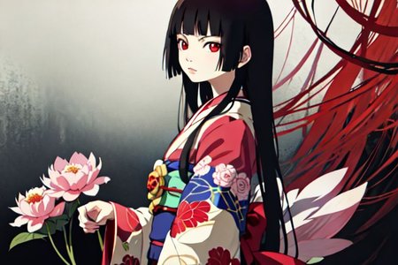 enma ai, hair down, hair black, bangs, eyes red, masterpiece, best quality, ultra-detailed, illustration, 1girl, solo, highres, photorealistic, ultra high res, (Original illustration composition), (fusion of limited color, Maximalism artstyle, kimono obi fashion, double exposure, background, illustration, Amazing, lily spider, night darkness, open one's mouth, flowers red, (polychromatic peony:1.15), Movie poster,