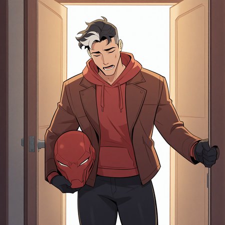 <lora:JASON_TODD-IL:1>wfaJasonTodd, 1boy, black gloves, black hair, black pants, brown hoodie, brown jacket, carrying, carrying under arm, closed eyes, cowboy shot, door, gloves, grey hair, helmet, holding, holding helmet, hood, hood down, hoodie, injury, jacket, long sleeves, lower teeth only, male focus, meme, multicolored hair, open clothes, open door, open jacket, open mouth, opening door, pants, red hoodie, red mask, short hair, solo, standing, teeth, two-tone hair, white hair, motion blur, film grain, abstract, natural lighting, fantasy, cinematic, dynamic, very awa, masterpiece, best quality, absurdres, newest, perfect quality, detailed background, intricate details
