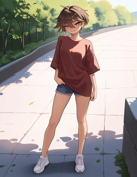 masterpiece, best quality, very aesthetic, absurdres,
outdoors, casual, 
full body, standing, posing, 
 seductive smile, parted lips, long eyelashes,
<lora:Sasha_v01_NAIXL:1>
S4sh4,1girl,solo,tomboy,short hair,brown hair,hairclip,hair between eyes,brown hair,bangs,