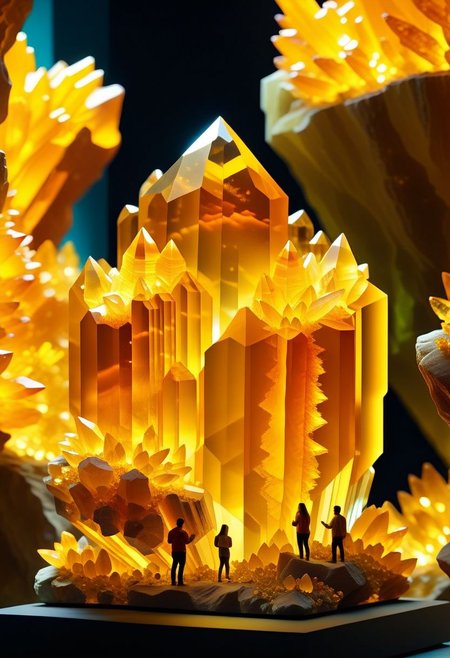 ispzxll, diorama, isometric, miniature, volumetric lighting style, intricate details, massive citrine crystal formation, art museum setting, crowds of people gathered, taking flash photographs, sharp focus, studio lighting