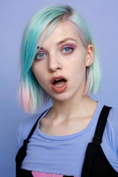 Film still, cinematic, flash photography, 2005 cute emo woman, suprised, open mouth, scene girl, pastel hair, vibrant pastel blue background, sharp focus, detailed skin texture, detailed eyes,