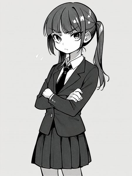 score_9, score_8_up, score_7_up,  
1girl, monochrome, nishihara madoka, grey hair, twintails, flat chest,

blazer, necktie, pleated skirt, school uniform, standing, frown, crossed arms, looking at viewer,  