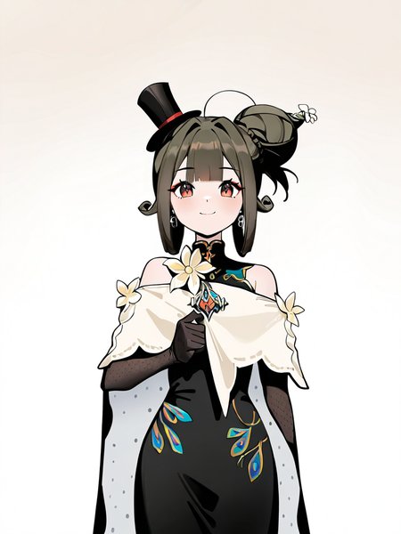 1girl,liqing,solo,simple background,white background,cowboy_shot,standing,looking at viewer,,smile,top hat,front view,from_outside,(single hair bun:1.3),<lora:liqing-000012:0.8>, masterpiece, best quality, very aesthetic, absurdres,newest, incredibly absurdres,