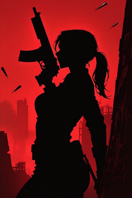 score_9,  masterpiece, best quality, amazing quality, very aesthetic, absurdres, newest, ultra-detailed, sharp focus, depth of field, dynamic composition, side view, cinematic shot, Lara Croft_\(tomb_raider\), 1girl, solo, ponytail, cowboy shot, shooting a gun,  shooting bullet, action shot, dramatic pose, silhouette, ancient archeological ruins, red theme, red light scatter, suspenseful tension, poster aesthetics, dramatic shadows, c0mix, artist:moriimee