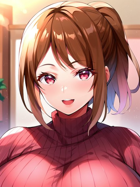 score_9, score_8_up, score_7_up,  
1girl,  nonoka rr, huge breasts, ponytail, brown hair, pink eyes,

sweater, turtleneck, upper body, smile, open mouth, looking at viewer, indoors, blurry background,